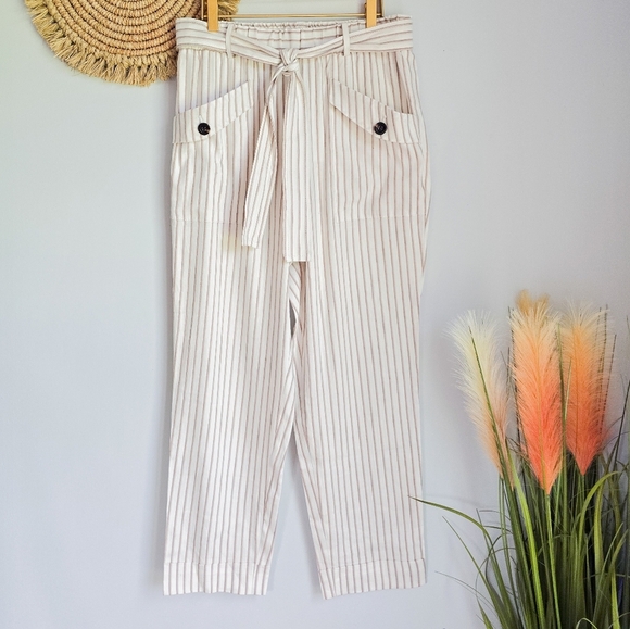 Ann Taylor New Ivory Stripe Belted Linen Drapey Cargo Ankle Pants Womens SZ 8 - Picture 2 of 13